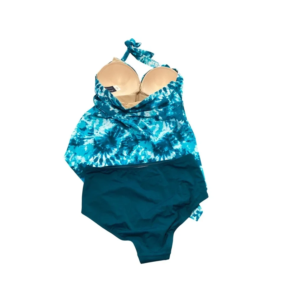Kim Gravel x Swimsuits For‎ All Blue Tie Dye Handkerchief Tankini Set Size 8